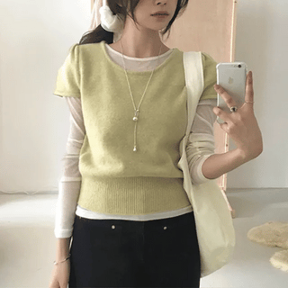 Tear Soft Button Wrap Cap Sleeve Knit