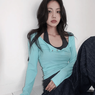 Nuaven Henley Neck Collared Long Sleeve T-shirt
