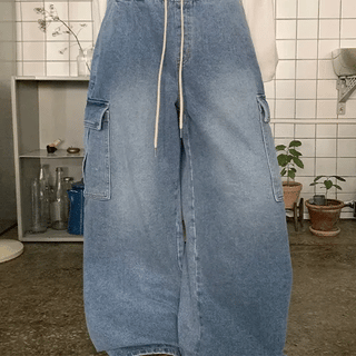 Bandis Banding Washed Wide Cargo Denim Pants
