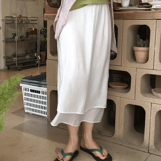 Wetten Lace Embroidered Frill Elastic Waist Long Skirt