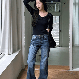 Pick Low dark blue long semi-bootcut denim pants