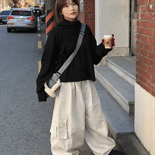 Hand Button Cut Cargo Wide Pants