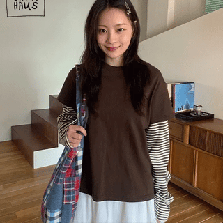 Crean Stripe Color Block Layered Long Sleeve Tee