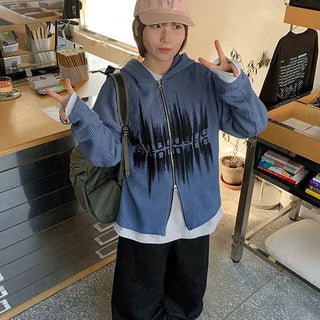 Obeki Two-Way Printed Ribbed Knit Oversized Zip-Up Hoodie