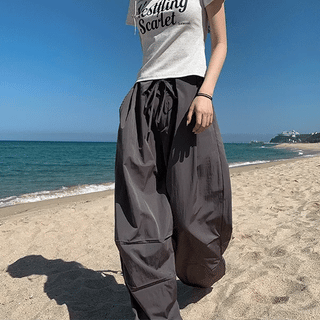 Rope Parachute Pintuck Elastic Waist Wide Pants