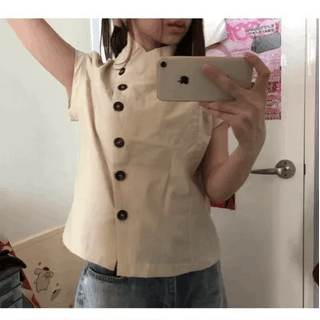 Double Button Mandarin Collar Short Sleeve Blouse / Y2K Vintage Collarless Semi-Crop Daily Wedding Guest Look Pinterest Look Geek Chic Diagonal Buttons