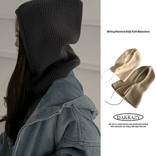 String Hooded Ribbed Knit Balaclava