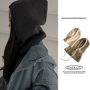 String Hooded Ribbed Knit Balaclava