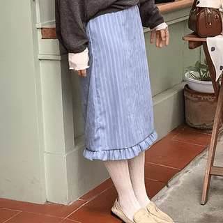 Wetten Lace Embroidered Frill Elastic Waist Long Skirt