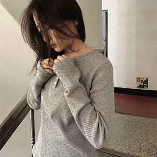 Shuji Flower Waffle Henley Neck Long Sleeve Tee