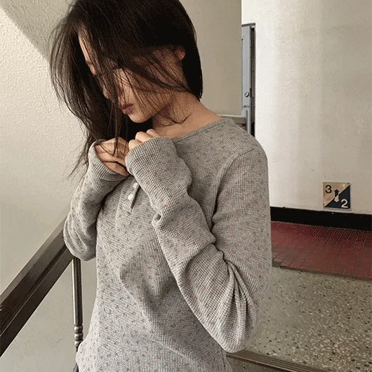 Shuji Flower Waffle Henley Neck Long Sleeve Tee