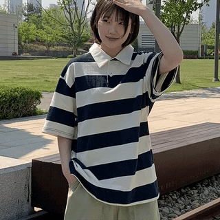 Sanmari Striped Collared Short Sleeve Tee