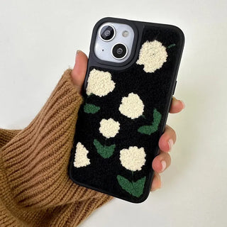 Curly White Tulip Embroidery Pattern iPhone Case