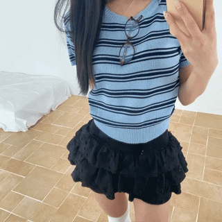 Reto Striped Short Sleeve Round Neck Knit