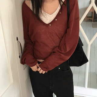Muted Button V-Neck Knit