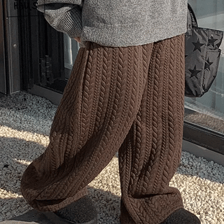 Holfur Cable Knit Quilted Elastic Waist Wide Pants