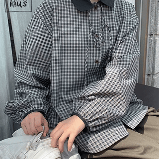 Cello Ribbon Color Block Check Collar Shirt