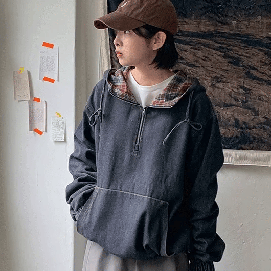 Torrain Check Denim Hooded Anorak Sweatshirt