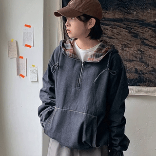 Torrain Check Denim Hooded Anorak Sweatshirt