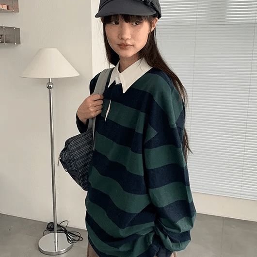 Kiyan Collar Stripe Oversized Long Sleeve Tee