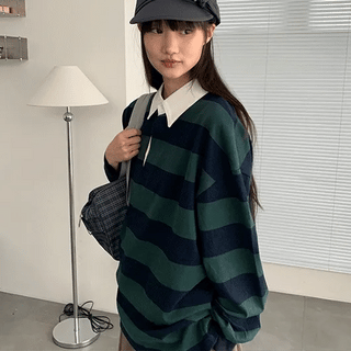 Kiyan Collar Stripe Oversized Long Sleeve Tee