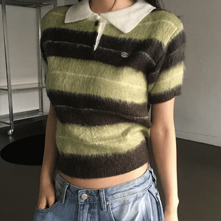 Pendant brush striped short-sleeve knit