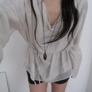 Shirred Drape See-through Blouse