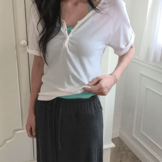Duol Button Roll-up 3/4 Off-Sleeve T-Shirt