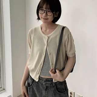 Lutidi Color Cropped Round Short Sleeve Cardigan