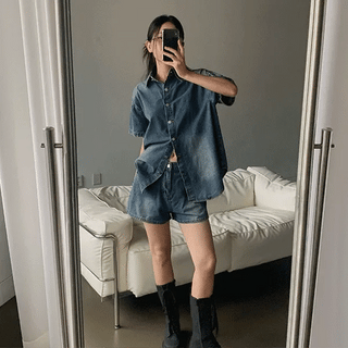 Washed Denim Half Set
