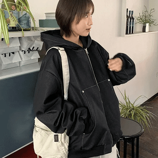 Poikin Two-Way Denim Oversized Zip-Up Hoodie