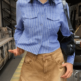 It's Striped Pintuck Pocket Crop Shirt