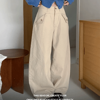 Folding pocket cotton wide pants