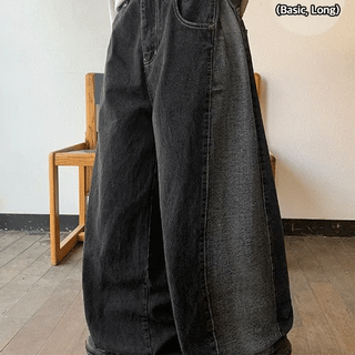 Hoeni Side Pintuck Snap Button Wide Denim Pants