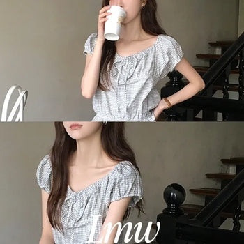 Shirred Check Two-Way Short Sleeve Blouse