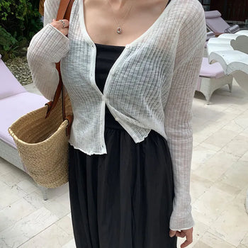 Viscose see-through ribbed cardigan