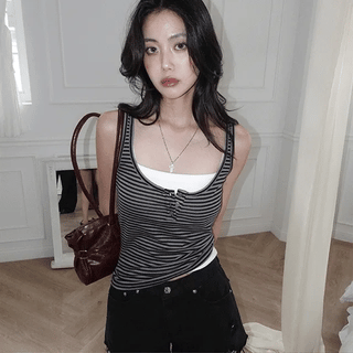 Delhue Button Striped Layered Sleeveless