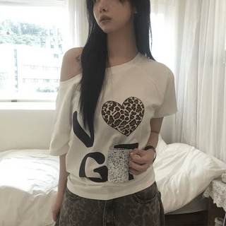 Leopard Heart Off-Shoulder T-Shirt