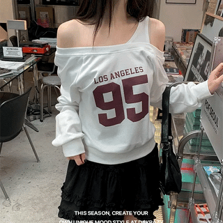 Number Lettering Asymmetrical Off-Shoulder Sweatshirt