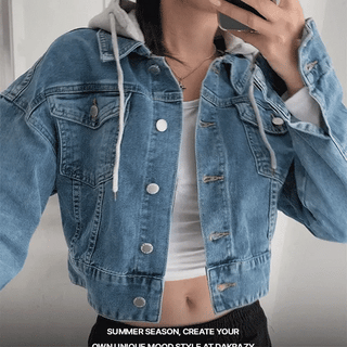 Rome Crop Color Block Hooded Denim Jacket