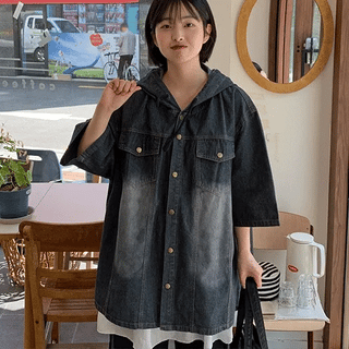 Ryuh Vintage Denim Hooded Short Sleeve Shirt