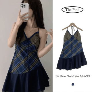 Khaki Check Ribbon Slip Mini Dress / Y2K Teen Vintage Sleeveless Dress