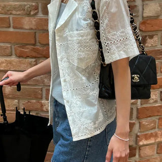 Bodia Punched Lace Collar Short Sleeve Shirt