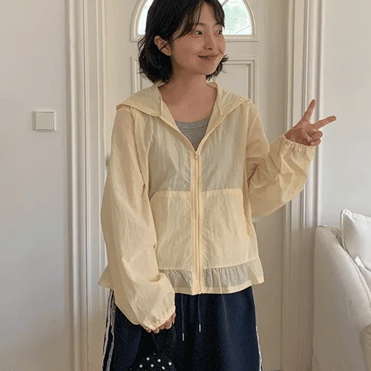Mabitk Frill See-through Hooded Wind Zip-up