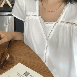 Delphinium Asa Lace Square Neck Short Sleeve Blouse