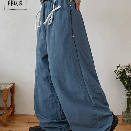 Genvib Nylon Belted Elastic Wide Pants