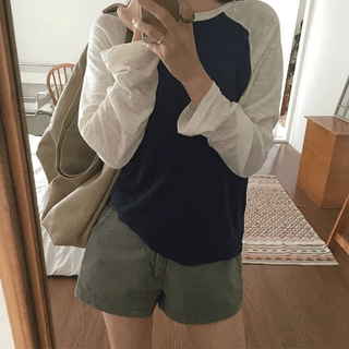 Irina Summer Silky Loose Fit Raglan Color Block Long Sleeve Tee