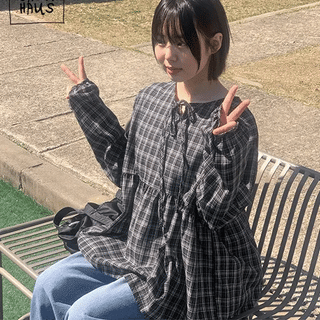 Laminne Check Ribbon Shirring Blouse