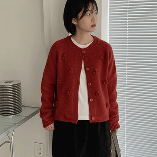 Beshos Pom-Pom Round Knit Cardigan
