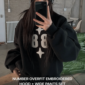 Number Oversized Embroidered Hoodie & Wide Pants Set
